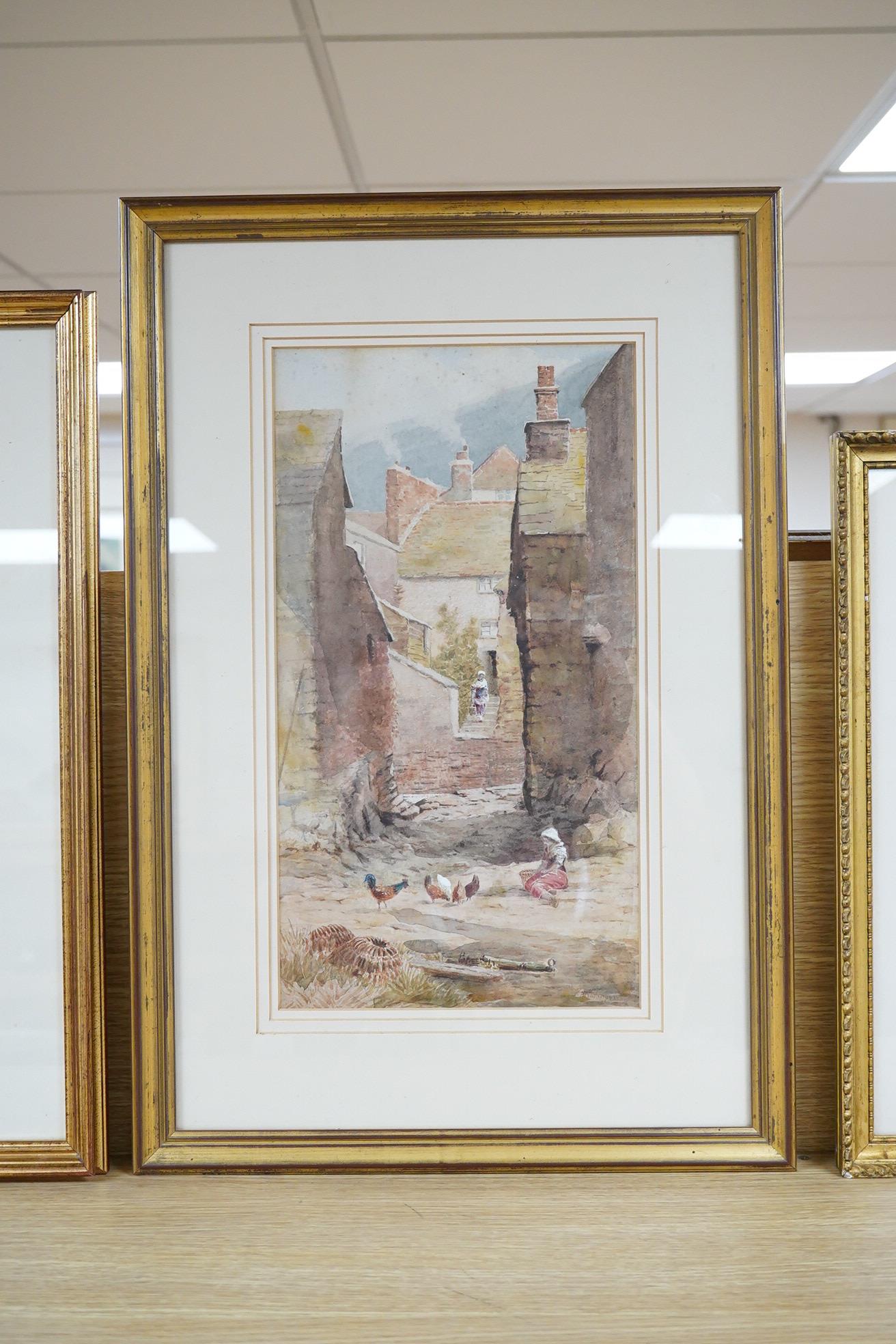 Three watercolours comprising H. Percy Heard, Coastal view, B. Whitmore, Girl beside chickens and C. Gilles, Town scene before a cathedral, largest 36 x 19.5cm